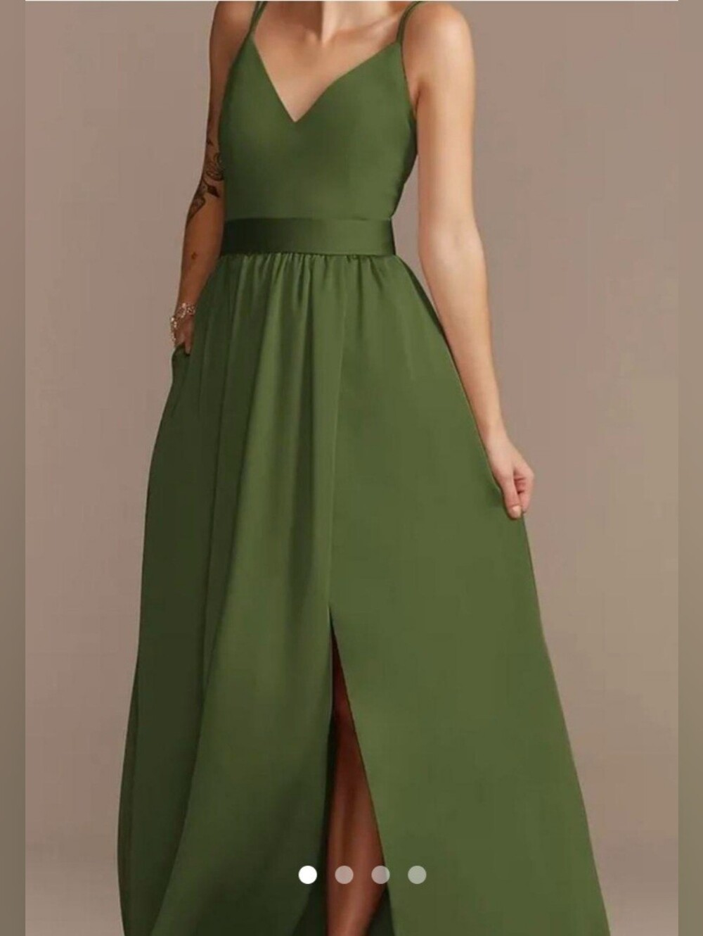 David's Bridal Olive Green V-Neck Spaghetti Strap Maxi Dress with Front Slit